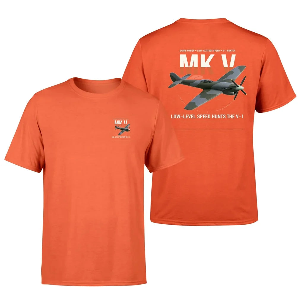 Hawker Tempest Mk V design on orange t-shirt, double-side print