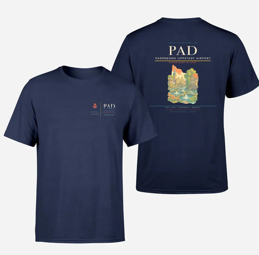 Paderborn Lippstadt Airport (PAD) design printed on navy blue double-side t-shirt