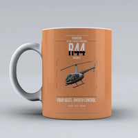 Thumbnail for Robinson R44 Raven II design on orange ceramic mug, double-side print