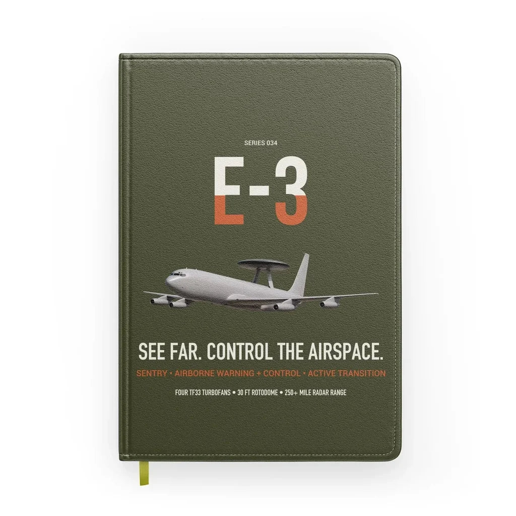 E-3 Sentry AWACS design on green army notebook