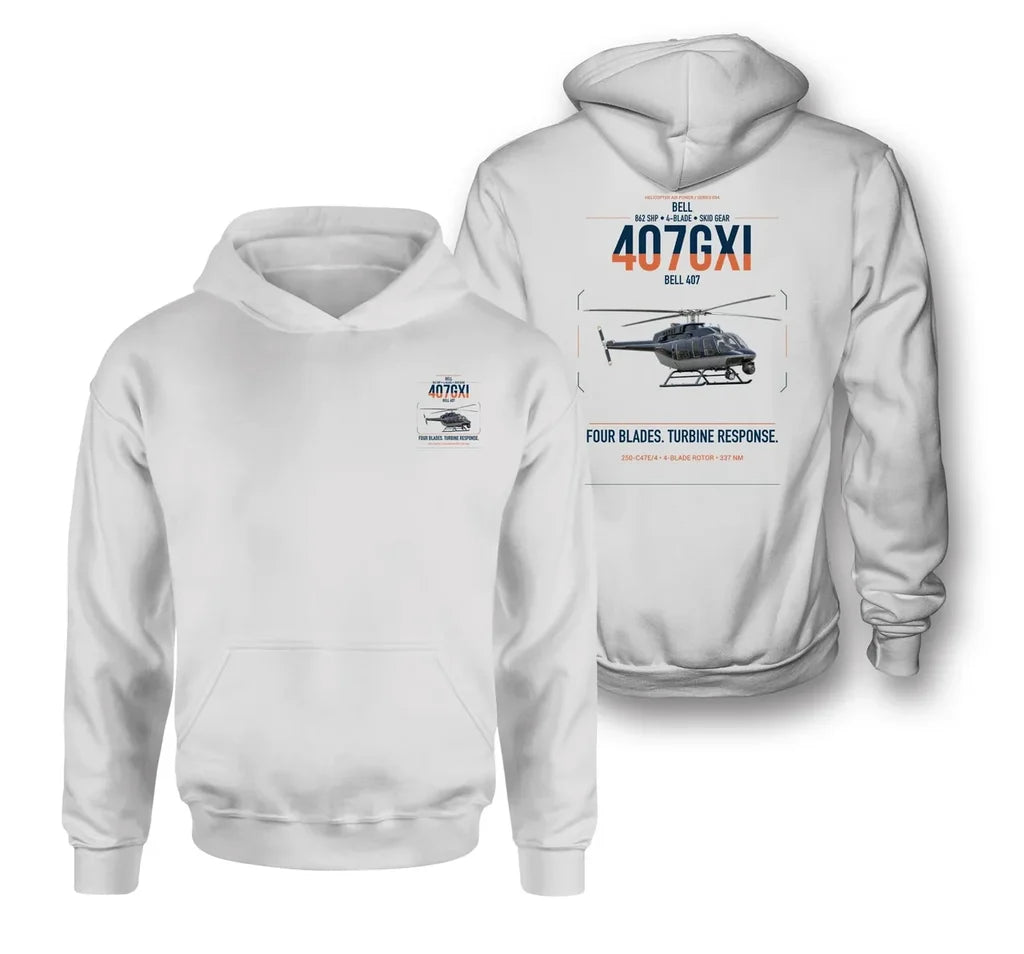 Bell 407GXi design on white double-side hoodie, double-side print