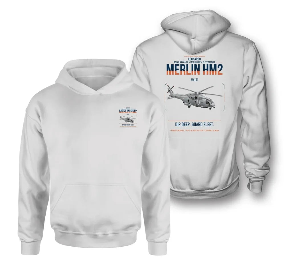 Leonardo AW101 Merlin HM2 design on white double-side hoodie, double-side print