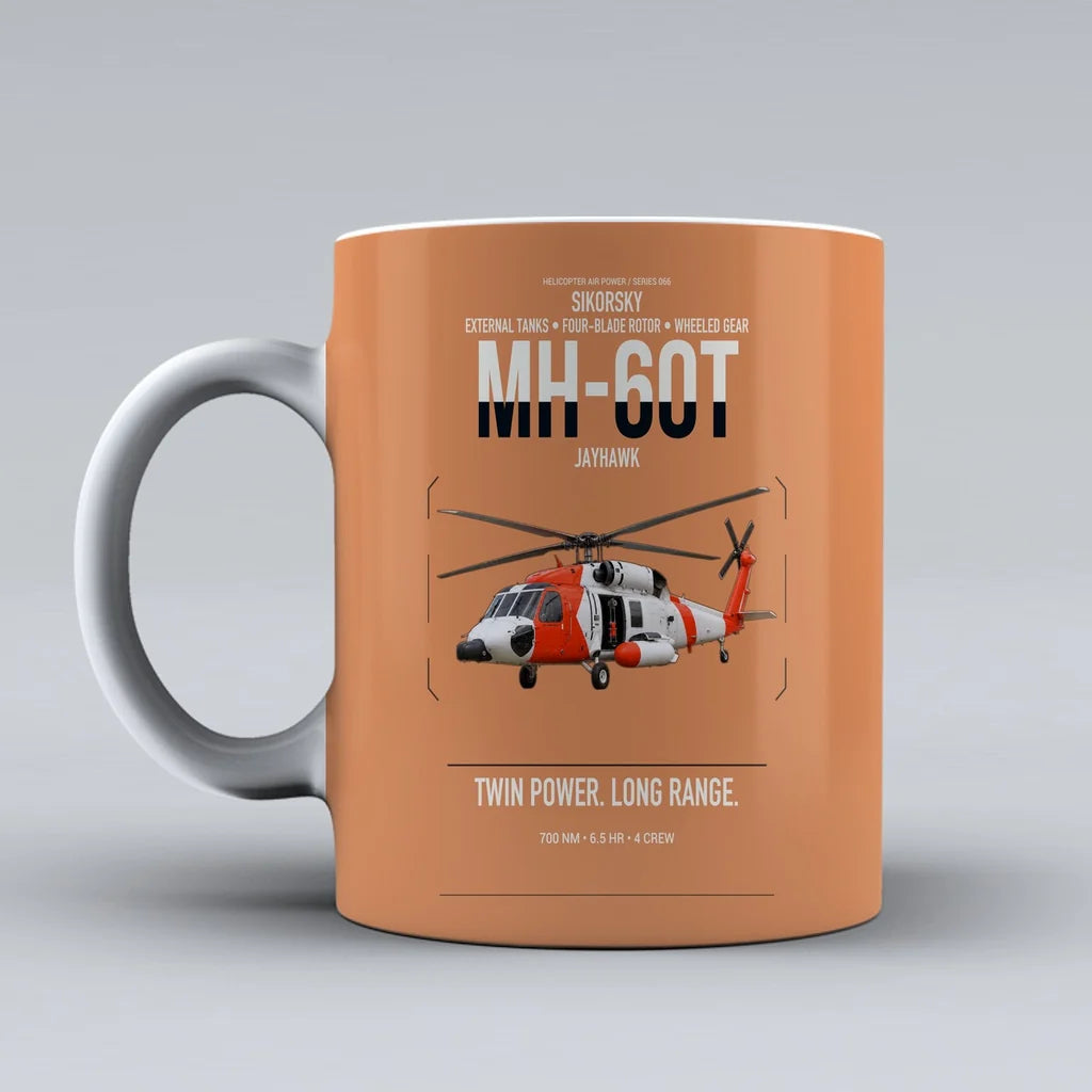 Sikorsky MH-60T Jayhawk design on orange ceramic mug, double-side print