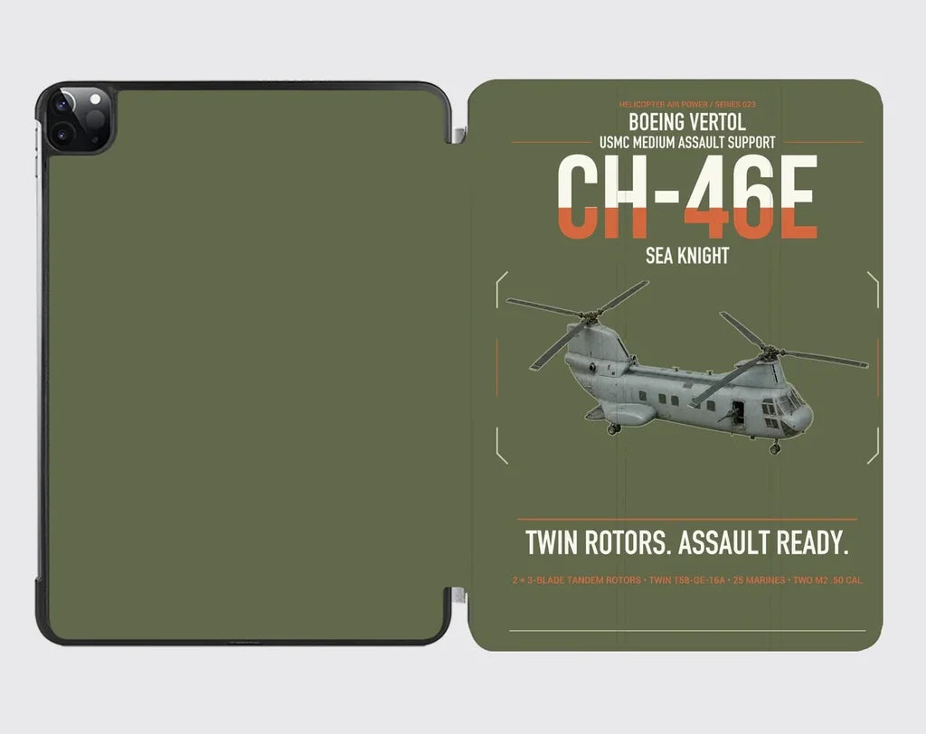 Boeing Vertol CH-46E Sea Knight design on green army ipad tablet case