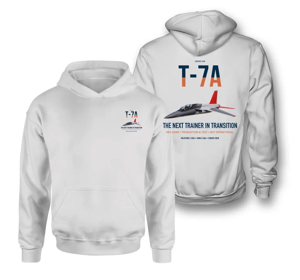 T-7A Red Hawk design on white double-side hoodie, double-side print