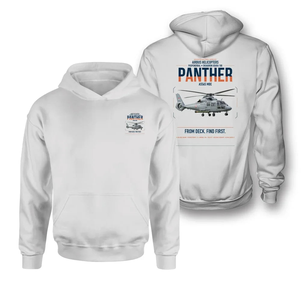 Airbus Helicopters AS565 MBe Panther design on white double-side hoodie, double-side print