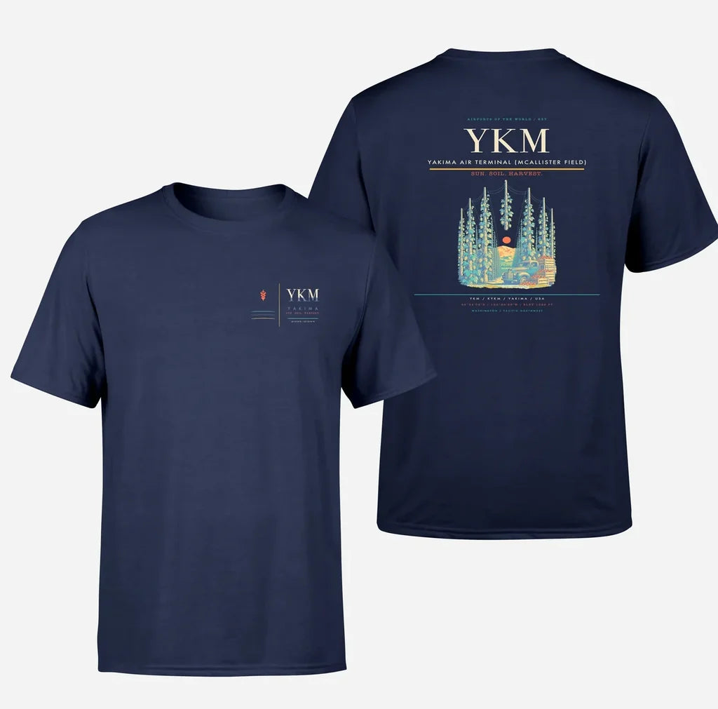 Yakima Air Terminal (McAllister Field) (YKM) design printed on navy blue double-side t-shirt