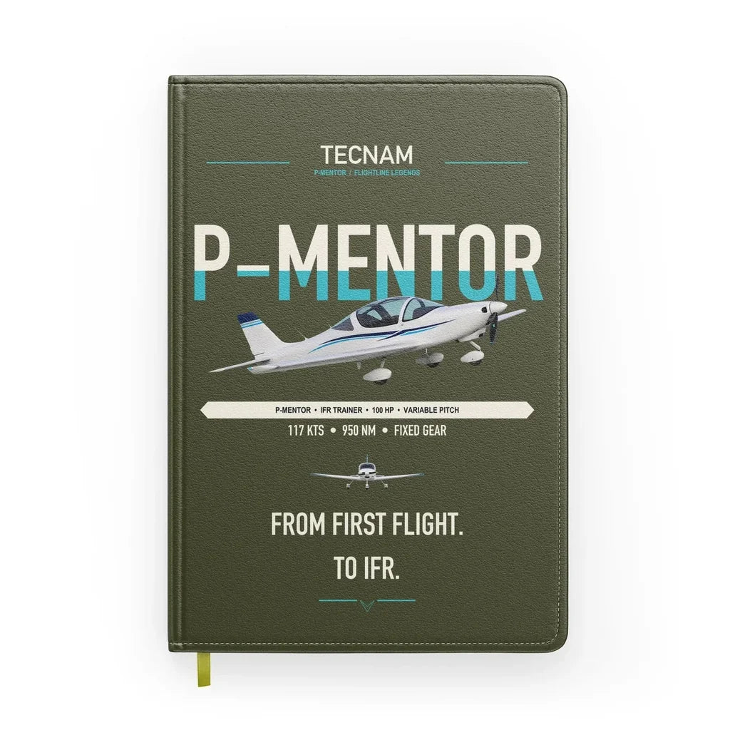 Tecnam P-Mentor design on green army notebook