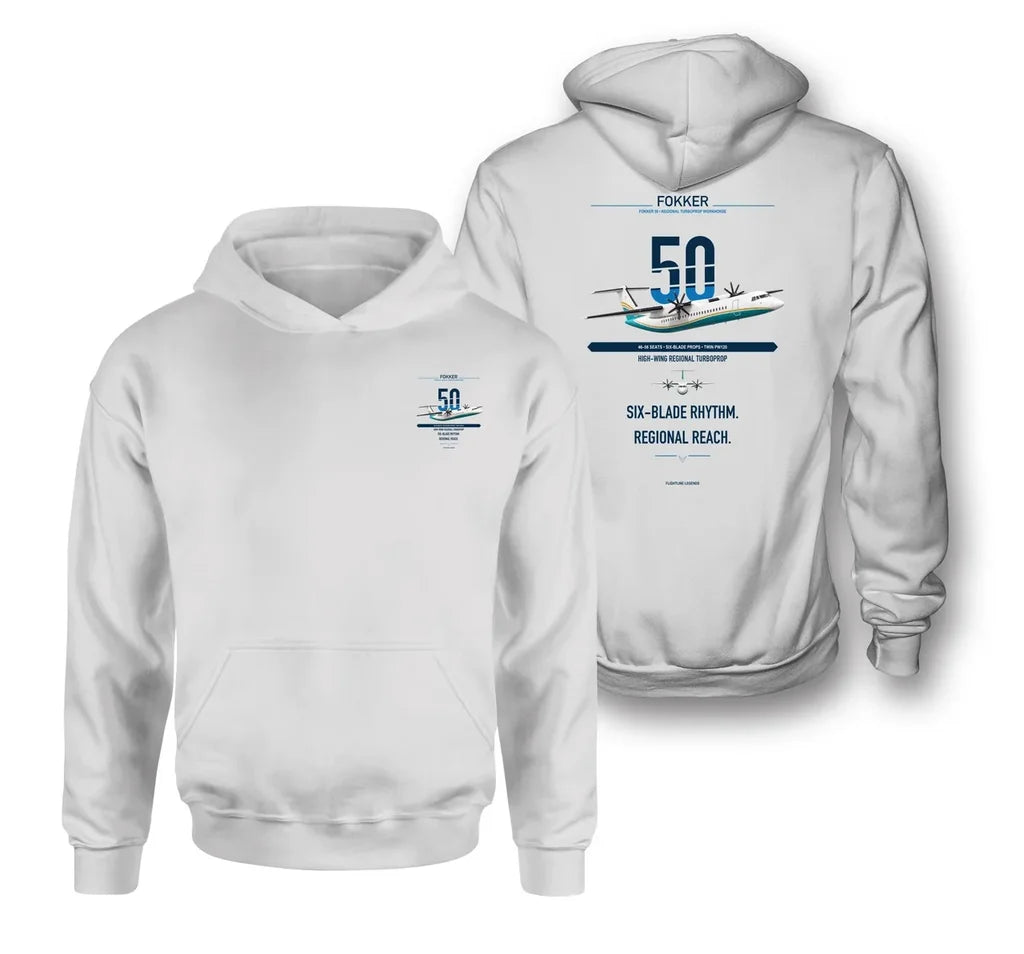 Fokker 50 design on white double-side hoodie, double-side print