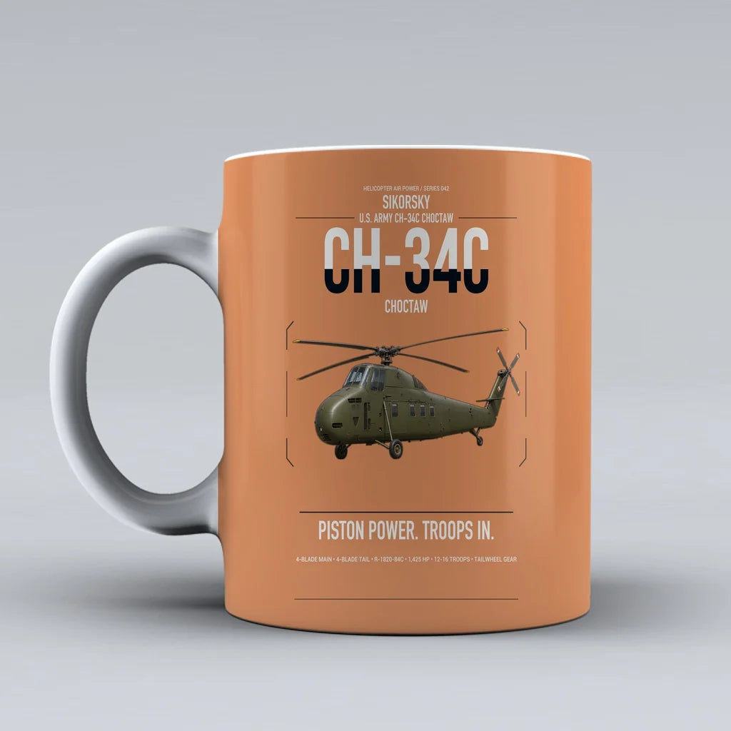 Sikorsky CH-34C Choctaw design on orange ceramic mug, double-side print
