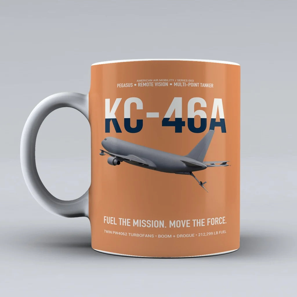 KC-46A PEGASUS design on orange ceramic mug, double-side print