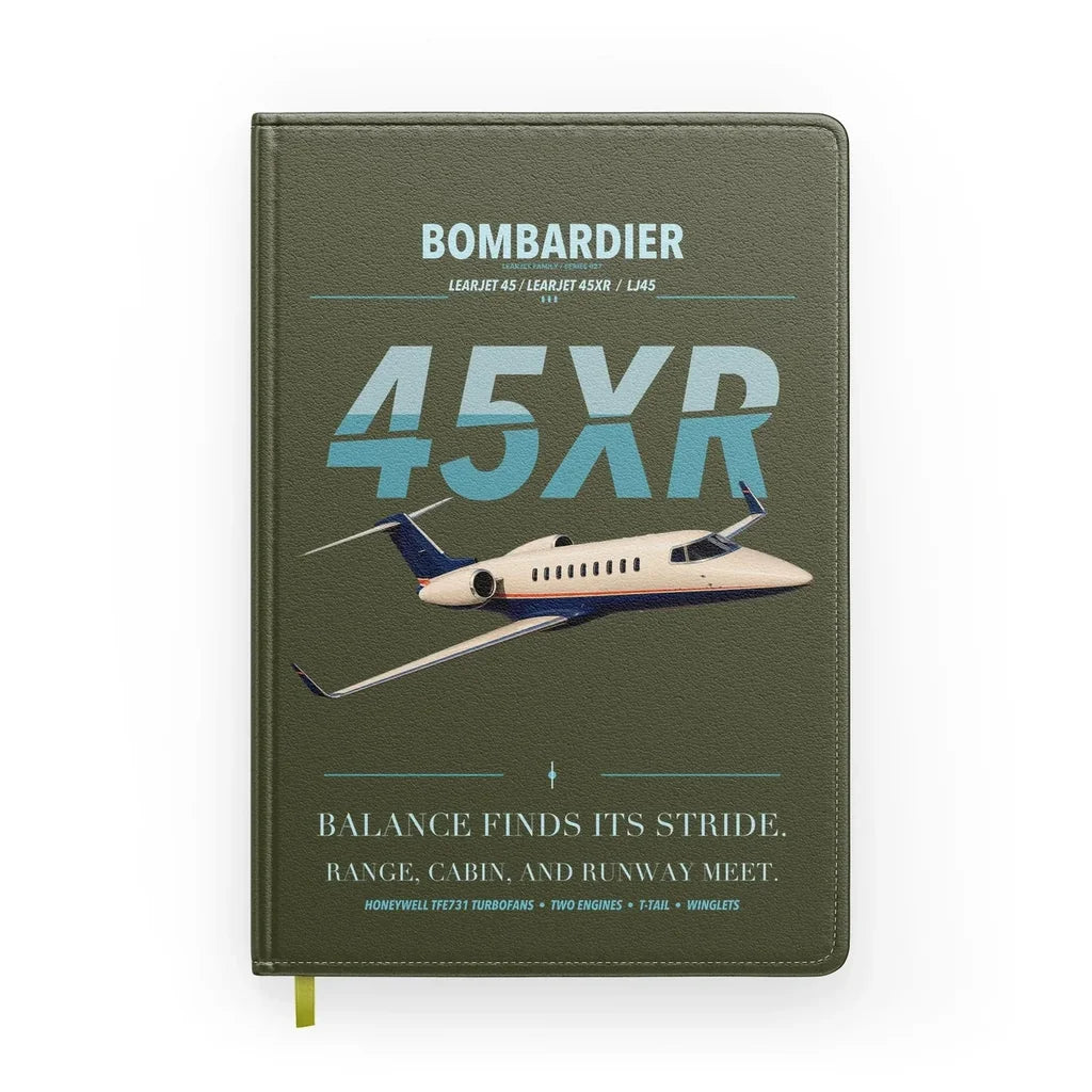 Bombardier Learjet 45XR design on green army notebook