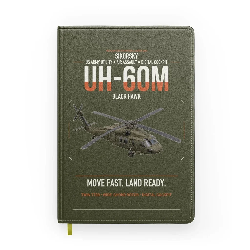 Sikorsky UH-60M Black Hawk design on green army notebook
