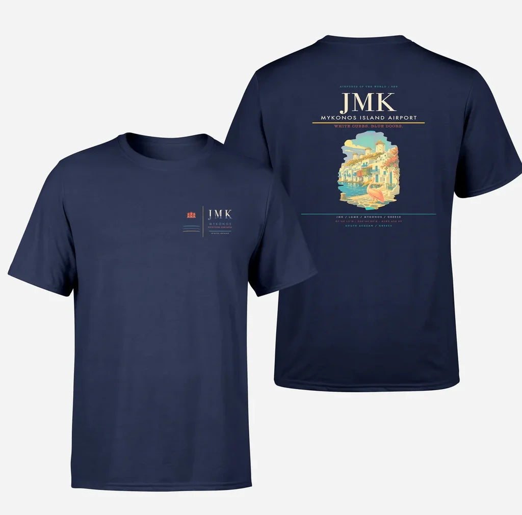 Mykonos Island Airport (JMK) design printed on navy blue double-side t-shirt