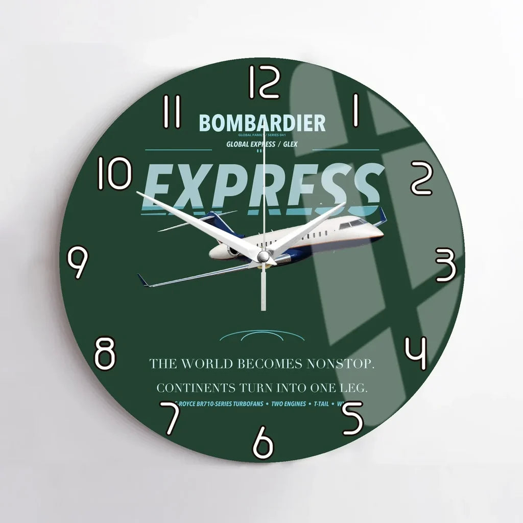 Bombardier Global Express design on dark green no frame wall clock