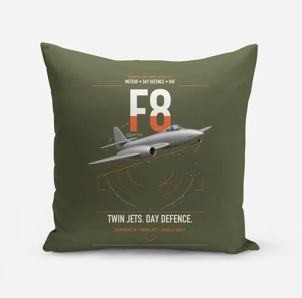 Gloster Meteor F8 design on green army pillow