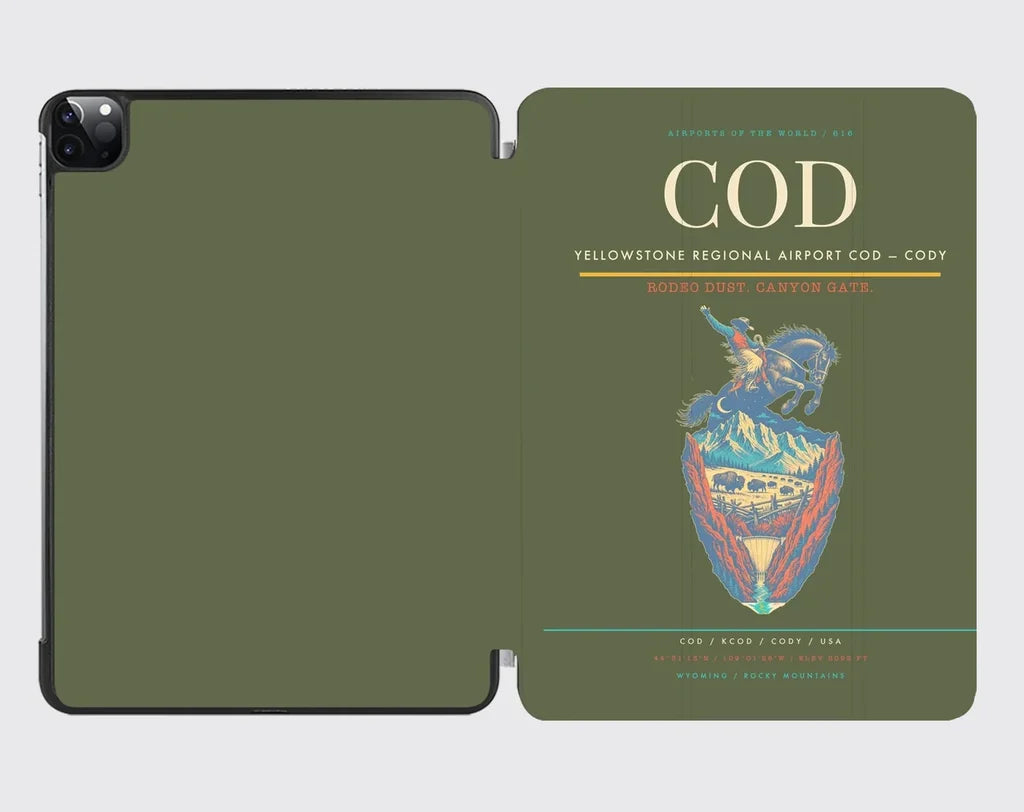 Yellowstone Regional Airport (COD) design on green army ipad tablet case