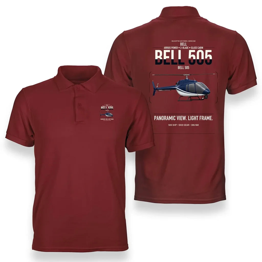 Bell 505 design on red double-side polo t-shirt, double-side print