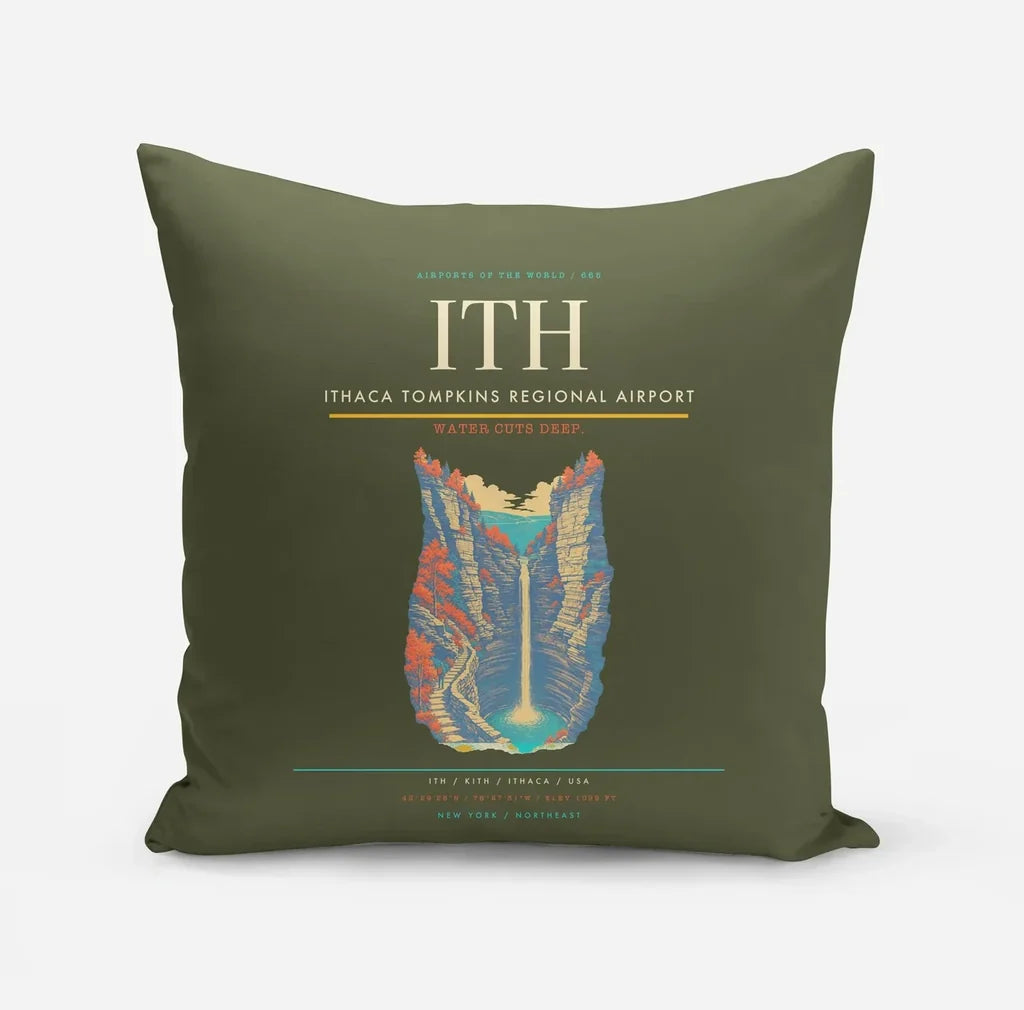 Ithaca Tompkins Regional Airport (ITH) design on green army pillow