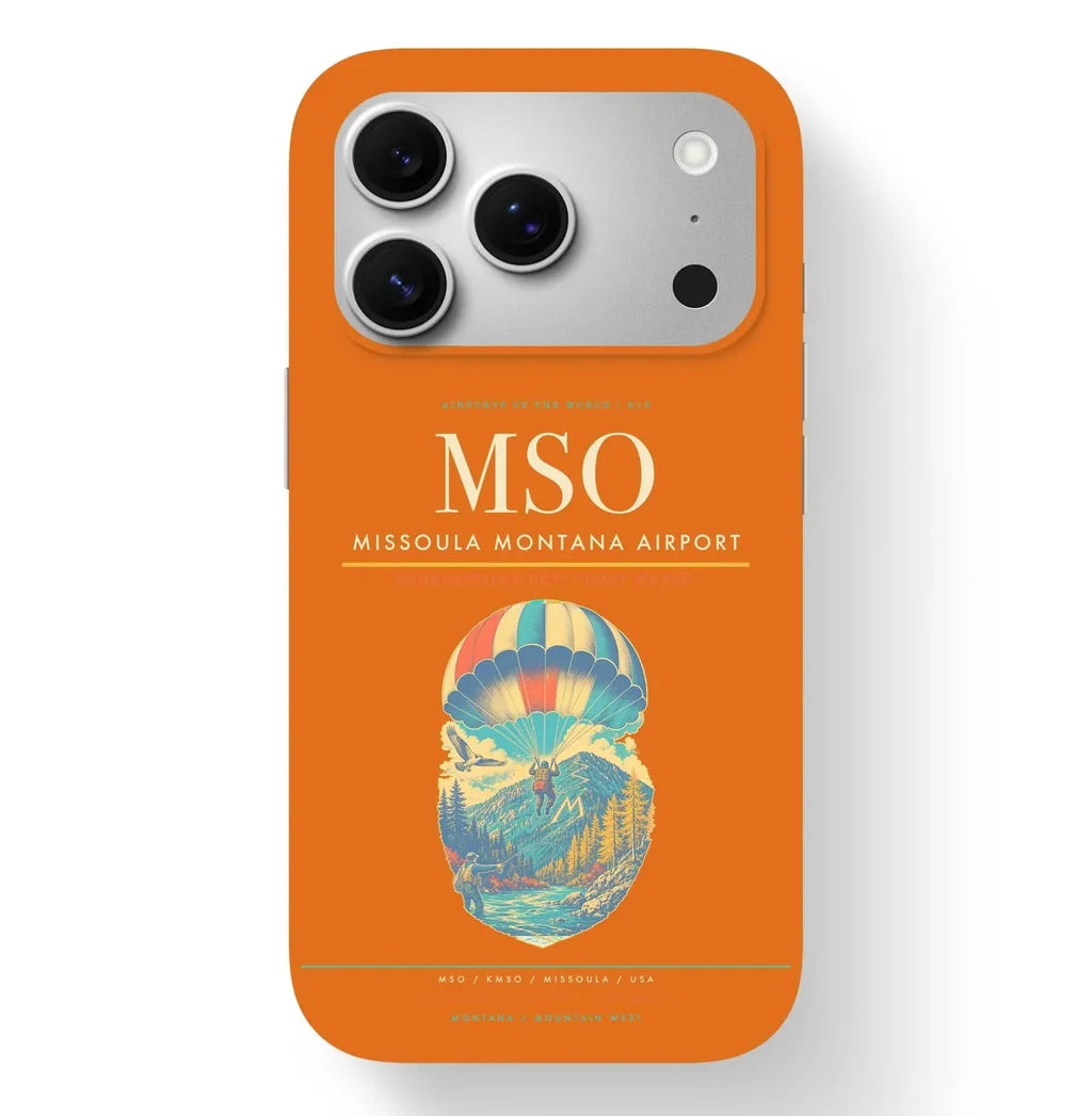 Missoula Airport (MSO) design on orange iPhone 17 Pro MagSafe case