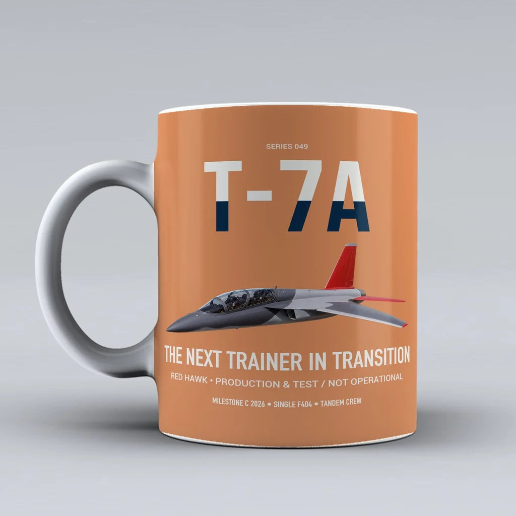 T-7A Red Hawk design on orange ceramic mug, double-side print