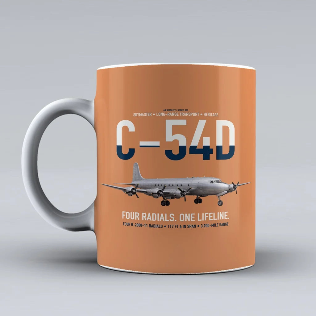 C-54D Skymaster design on orange ceramic mug, double-side print