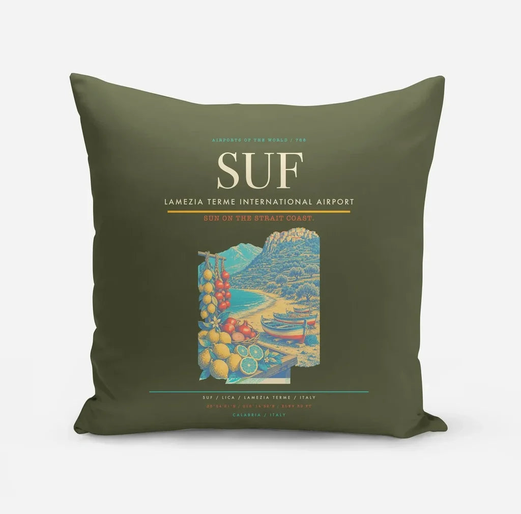 Lamezia Terme International Airport (SUF) design on green army pillow