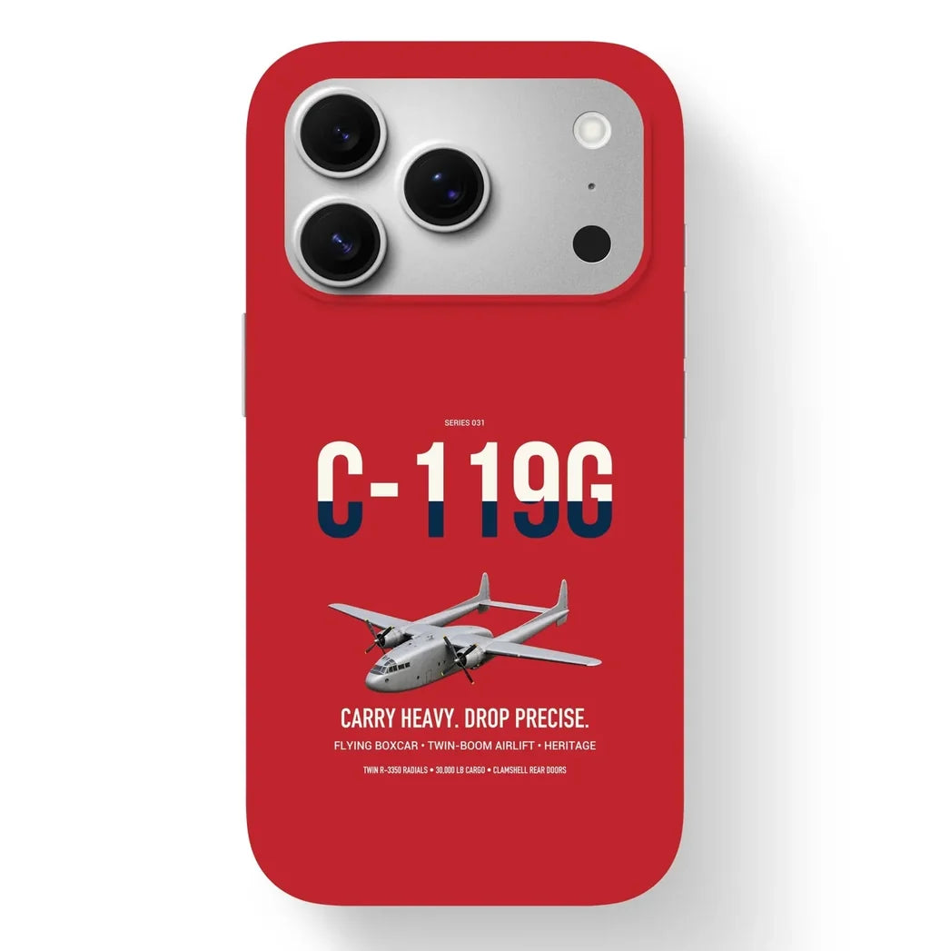 C-119G Flying Boxcar design on red magsafe iphone case, for iPhone 17 Pro