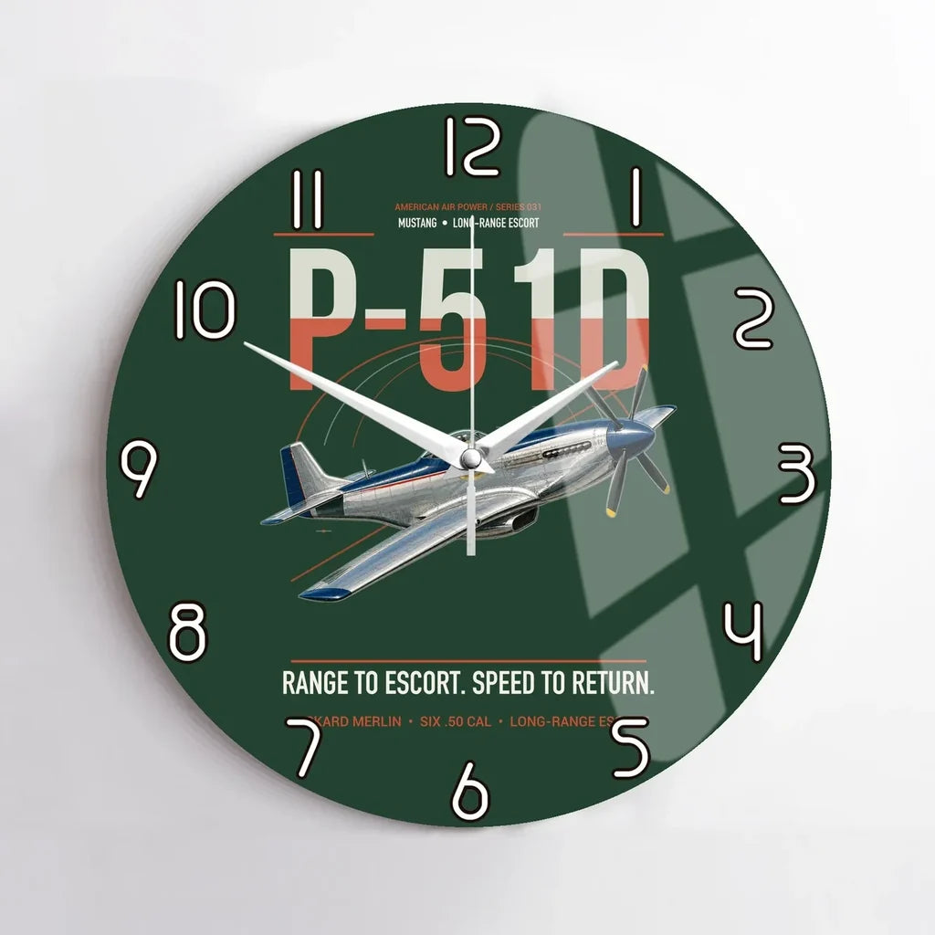 P-51D Mustang design on dark green no frame wall clock