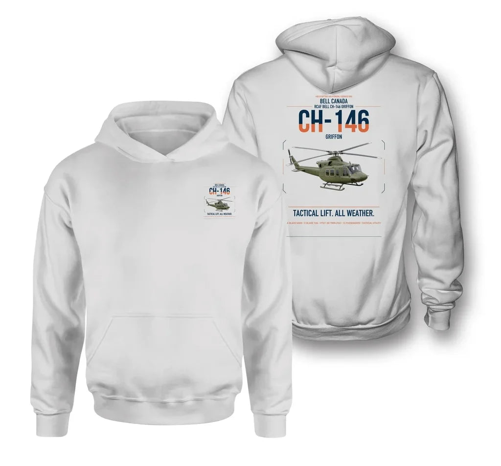 Bell Canada CH-146 Griffon design on white double-side hoodie, double-side print