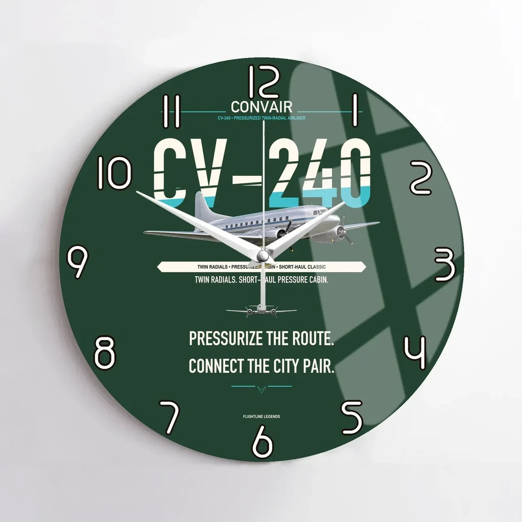 Convair CV-240 design on dark green no frame wall clock