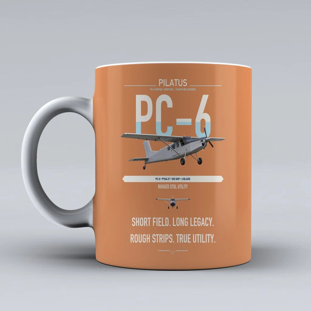 Pilatus PC-6 Porter design on orange ceramic mug, double-side print