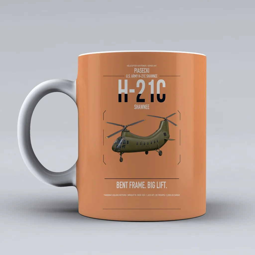 Piasecki H-21C Shawnee design on orange ceramic mug, double-side print