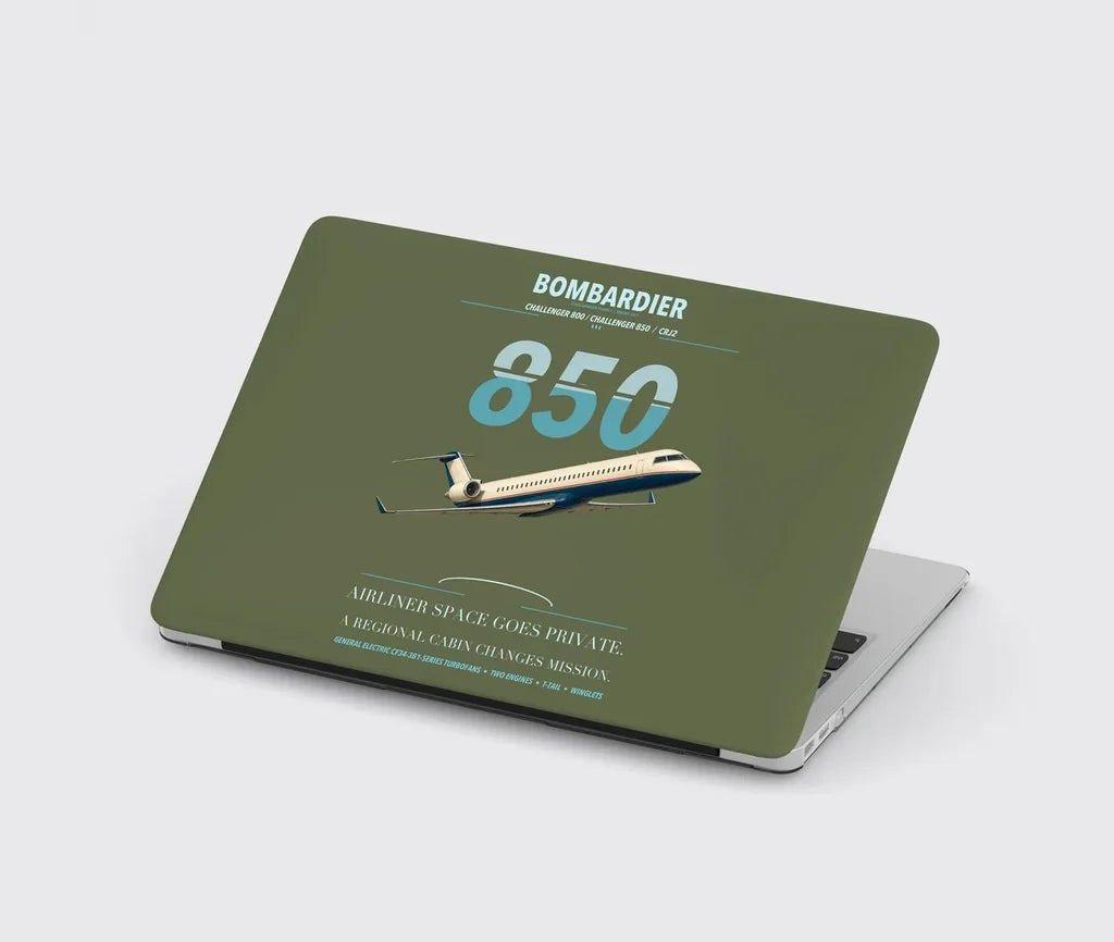 Bombardier Challenger 850 design on green army MacBook case
