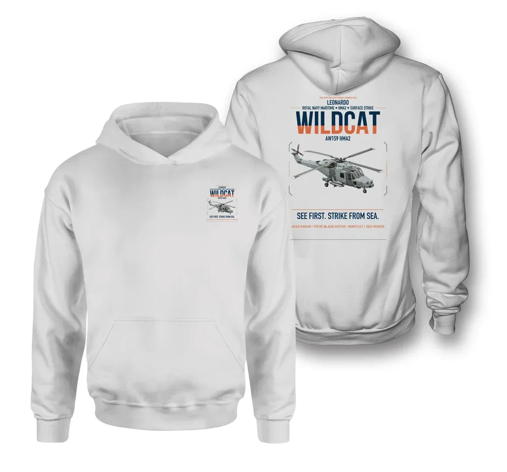 Leonardo AW159 Wildcat HMA2 design on white double-side hoodie, double-side print
