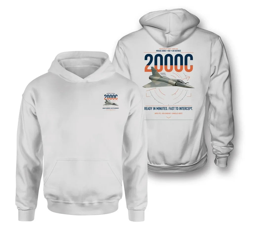Dassault Mirage 2000C RDI design on white double-side hoodie, double-side print