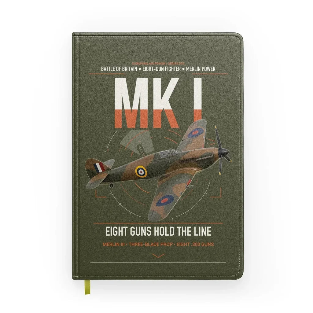 Hawker Hurricane Mk I design on green army notebook