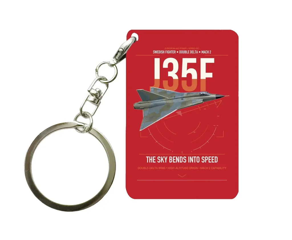 Saab J 35F Draken design on red designed key chain, double-side print