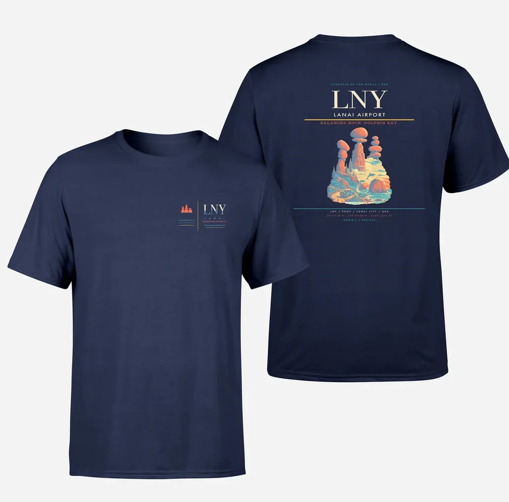 Lanai Airport (LNY) design printed on navy blue double-side t-shirt