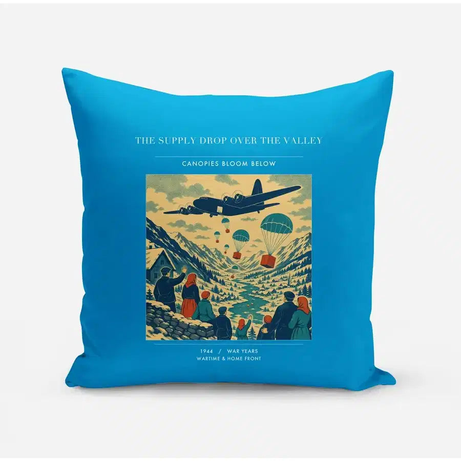 VINTAGE G4512 - The Supply Drop Over The Valley - Designed Pillows design on turquoise