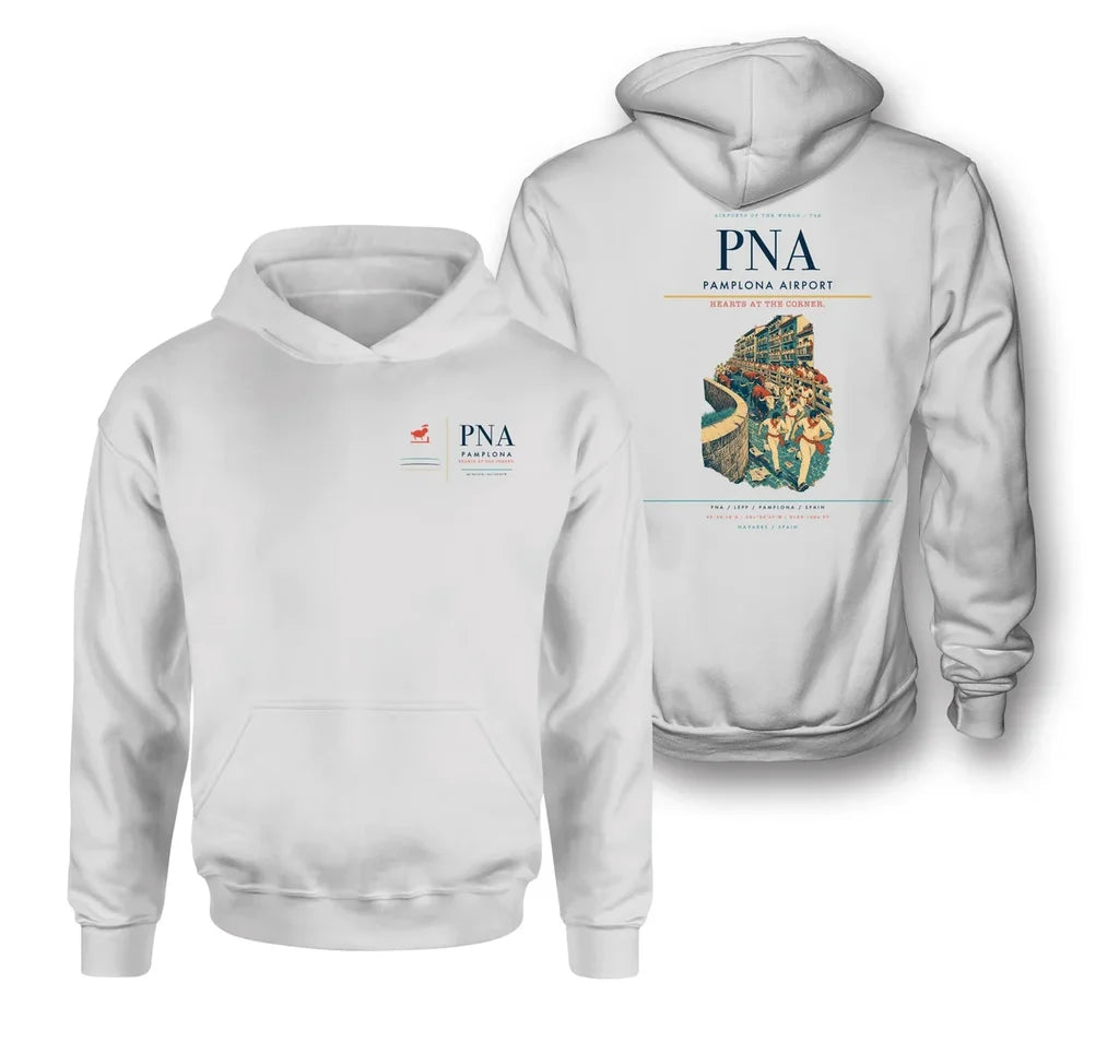 Pamplona Airport (PNA) design on white double-side hoodie