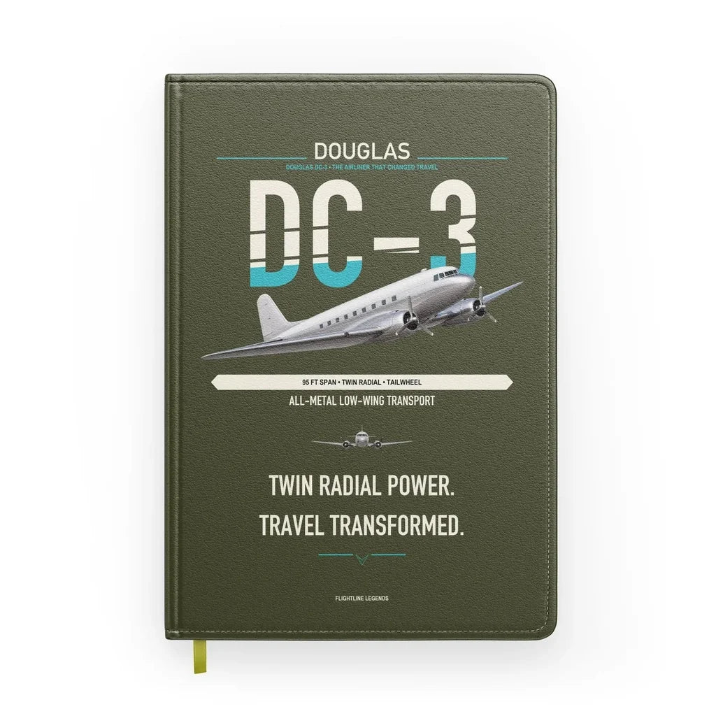 Douglas DC-3 design on green army notebook
