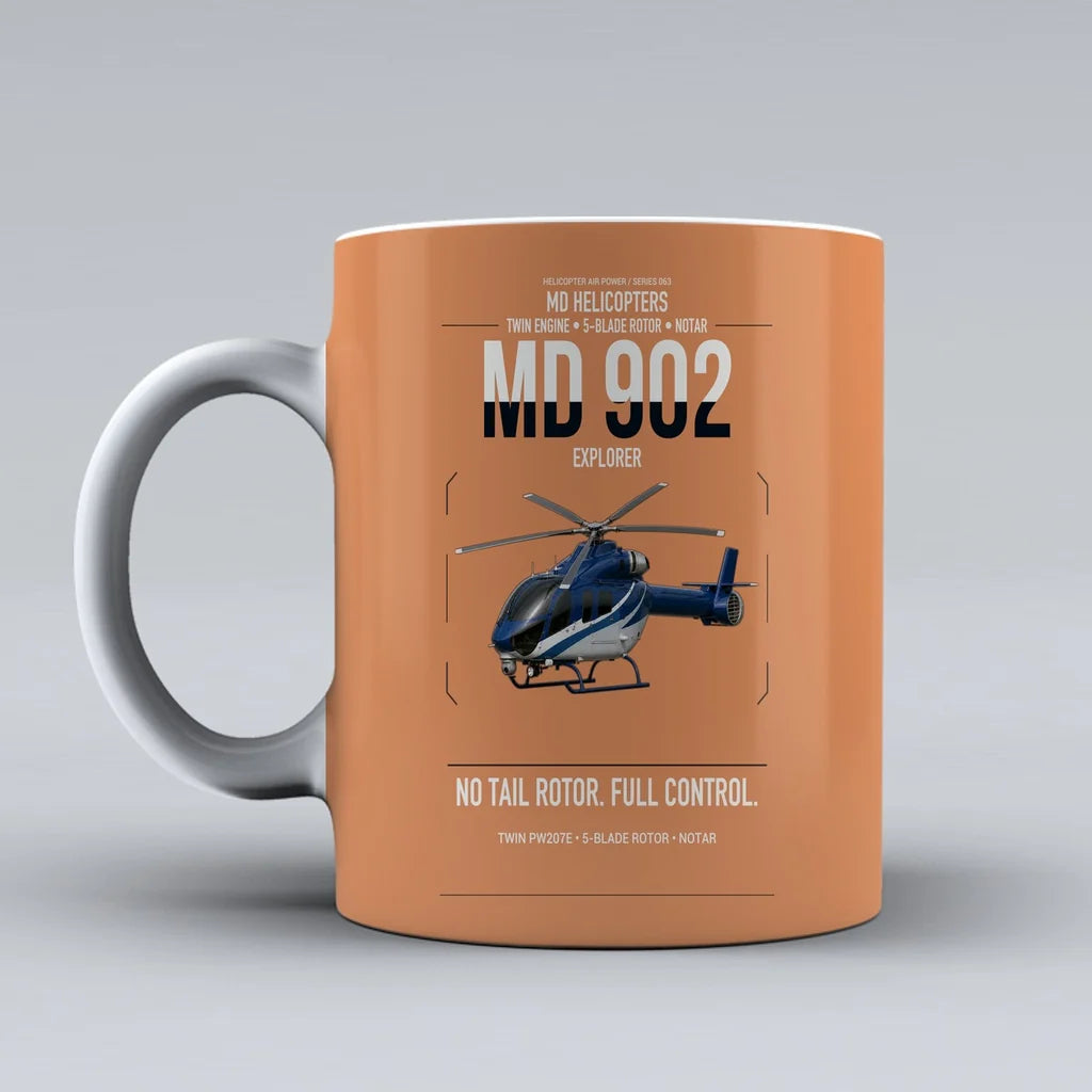 MD Helicopters MD 902 Explorer design on orange ceramic mug, double-side print