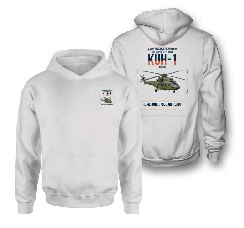 Korea Aerospace Industries KUH-1 Surion design on white double-side hoodie, double-side print