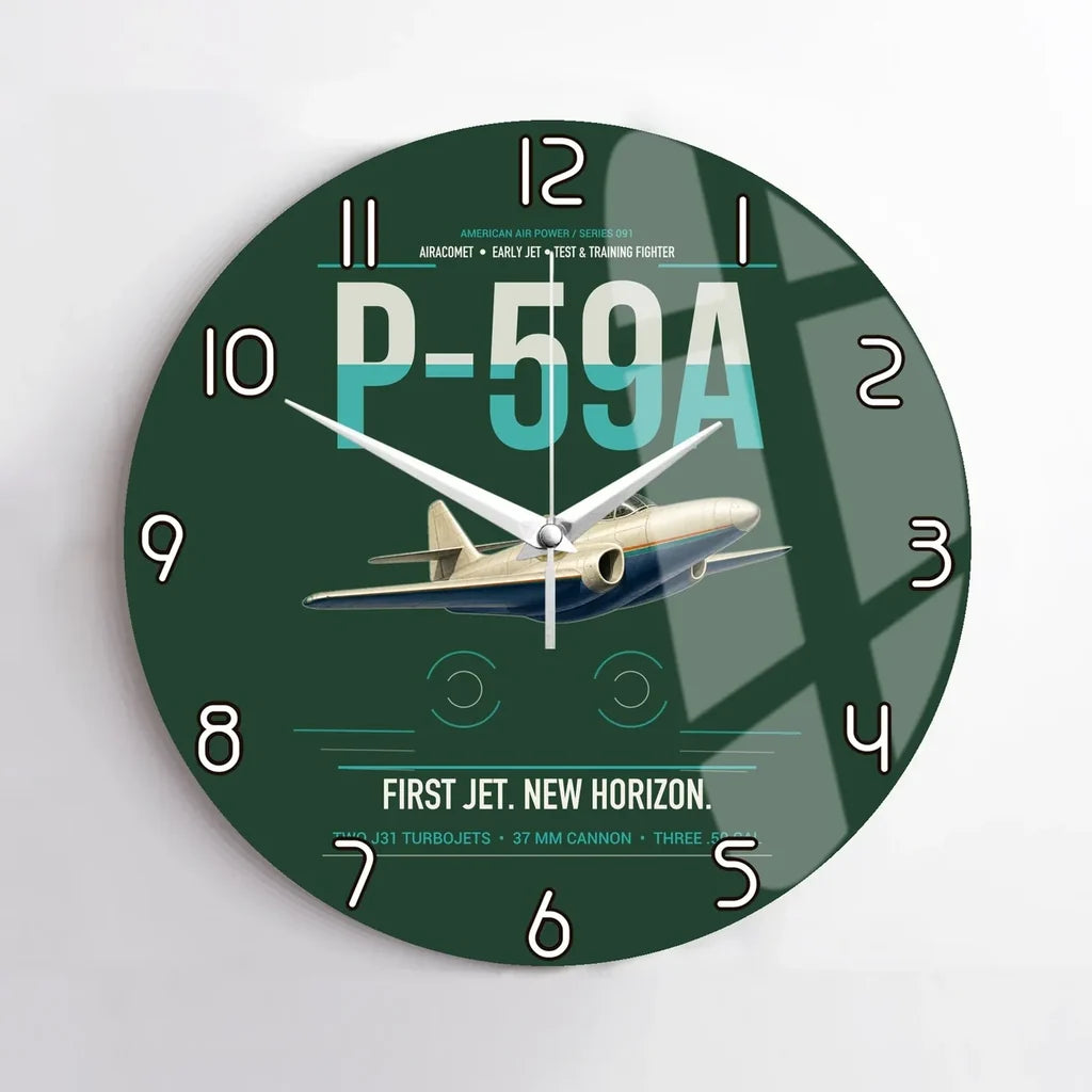 P-59A Airacomet design on dark green no frame wall clock