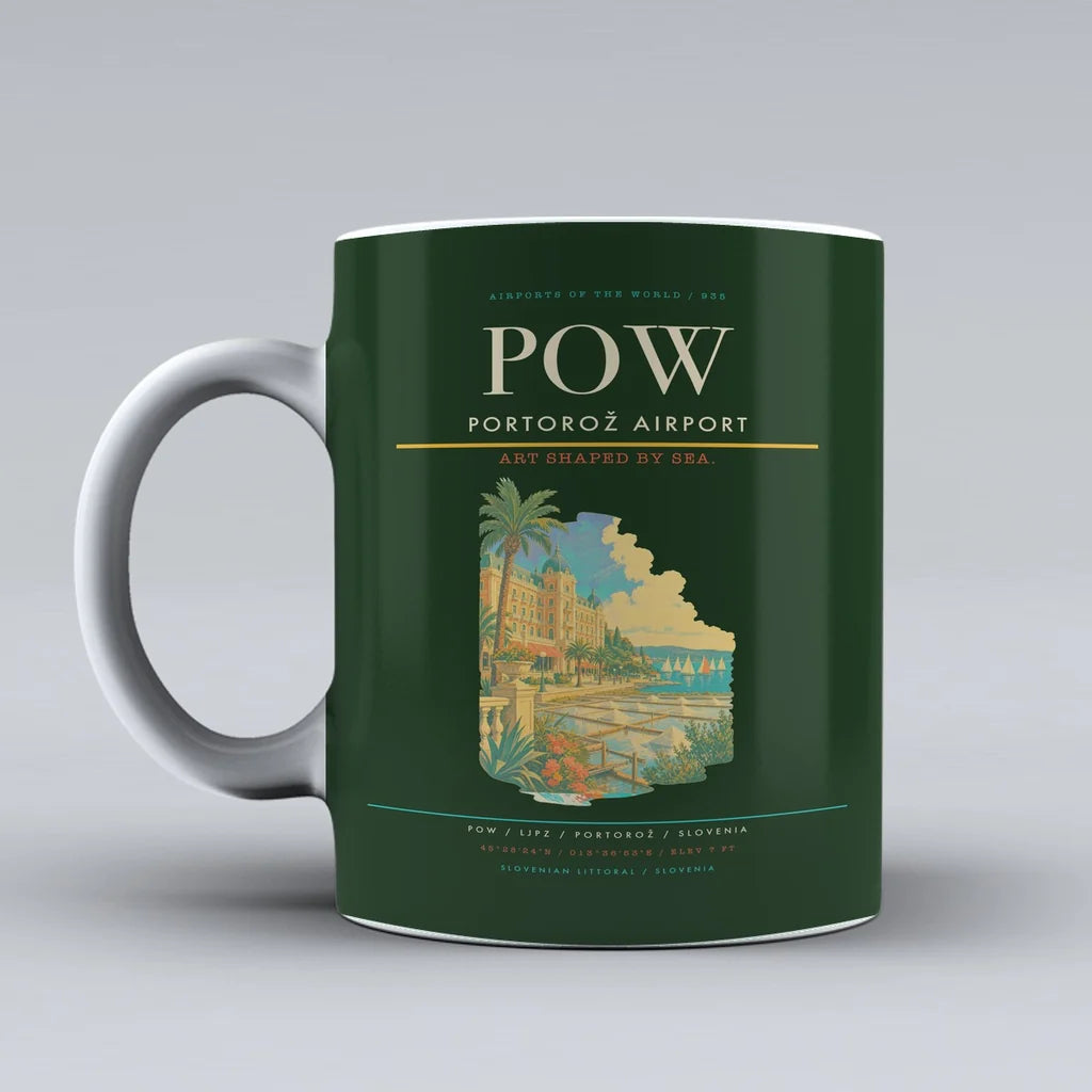 Portorož Airport (POW) airport code design on dark green ceramic mug