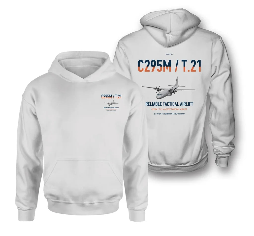 Airbus C295M T.21 design on white double-side hoodie, double-side print
