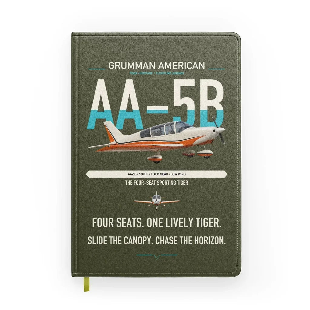 Grumman American AA-5B Tiger design on green army notebook