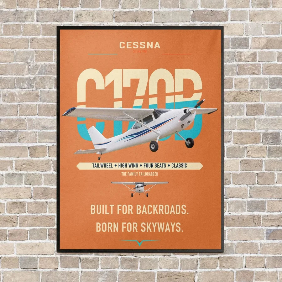Cessna 170B vertical canvas print - framed - orange background