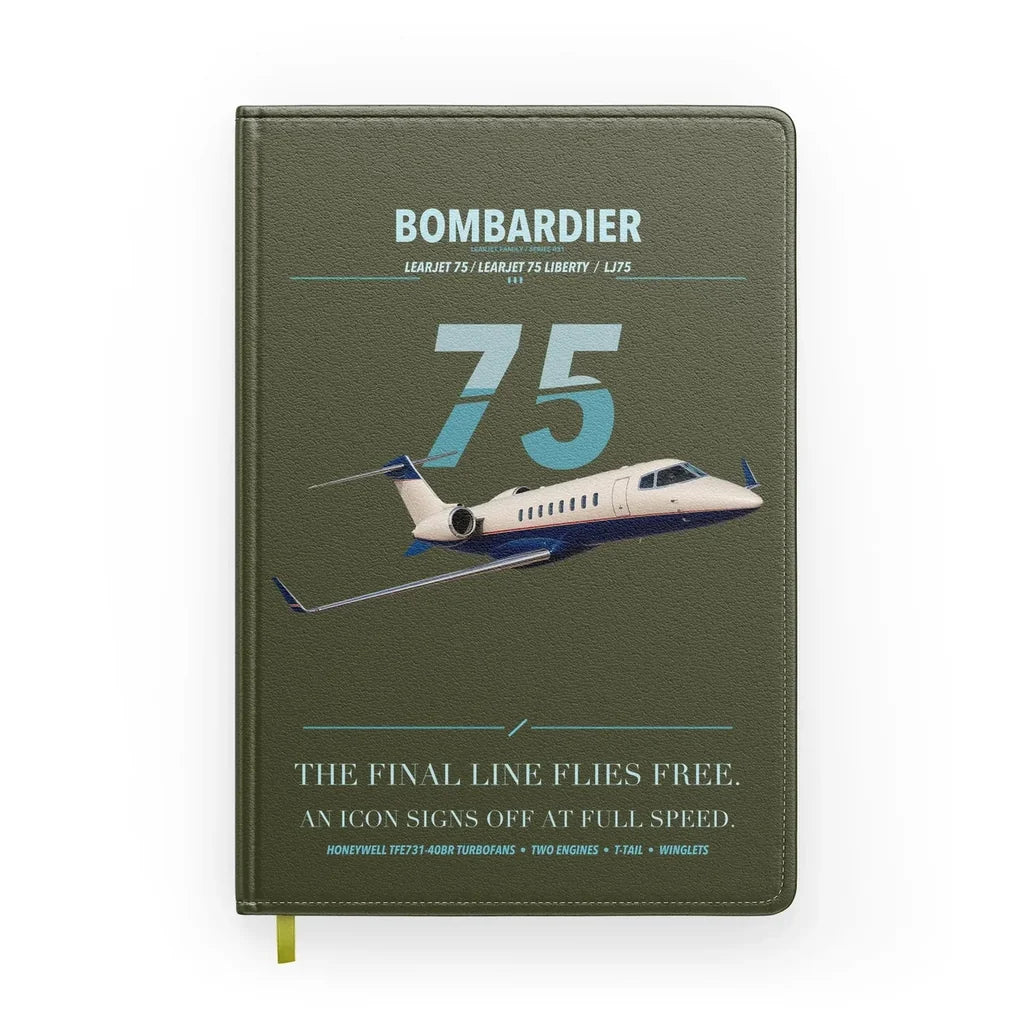 Bombardier Learjet 75 Liberty design on green army notebook